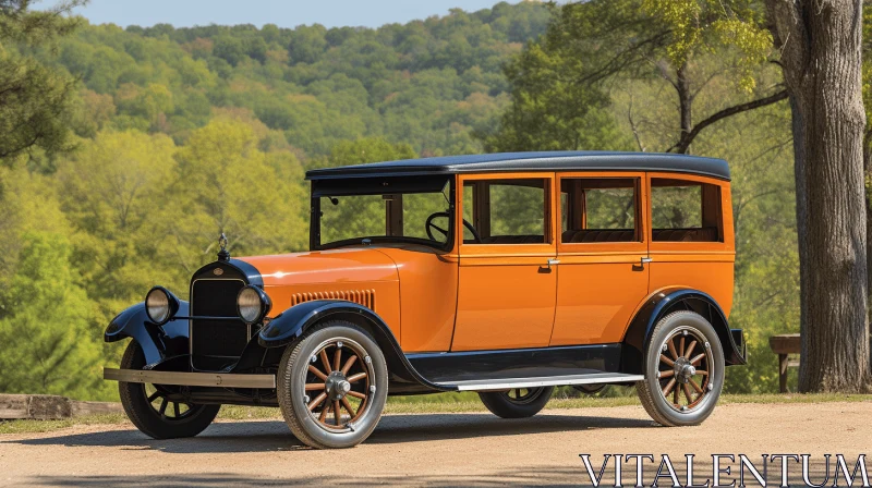 AI ART Orange Car Parked on a Dirt Road - Art Deco Elegance | 1920s