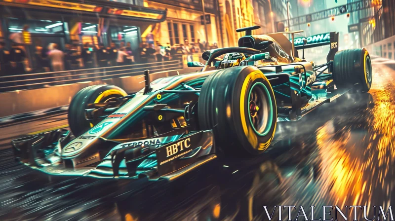 Thrilling Formula 1 Car Racing in City Street at Night AI Image