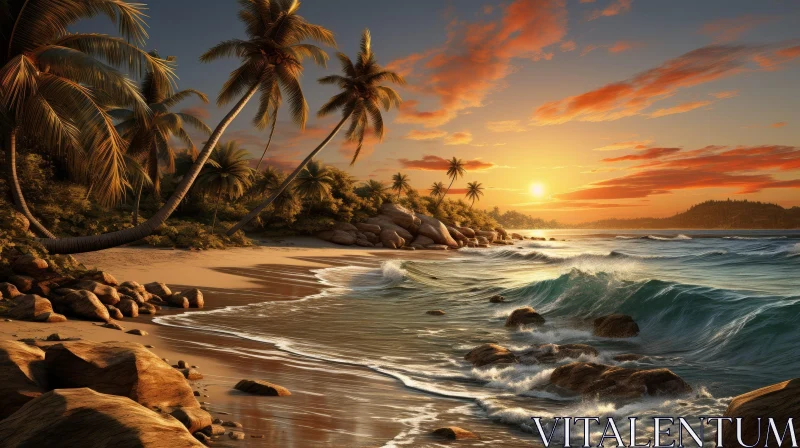 AI ART Tranquil Beach Sunset with Palm Trees