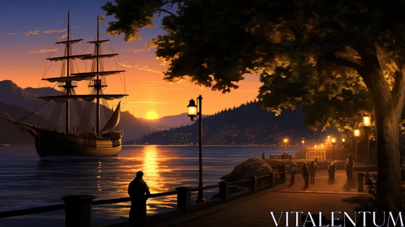 Tranquil Sunset Harbor Scene with Ships and Mountains AI Image