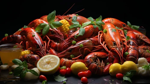 Boiled Crawfish with Corn and Lemon - Still Life