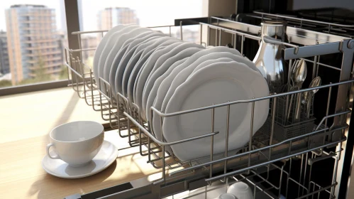 Clean Dishes in Stainless Steel Dishwasher AI Image