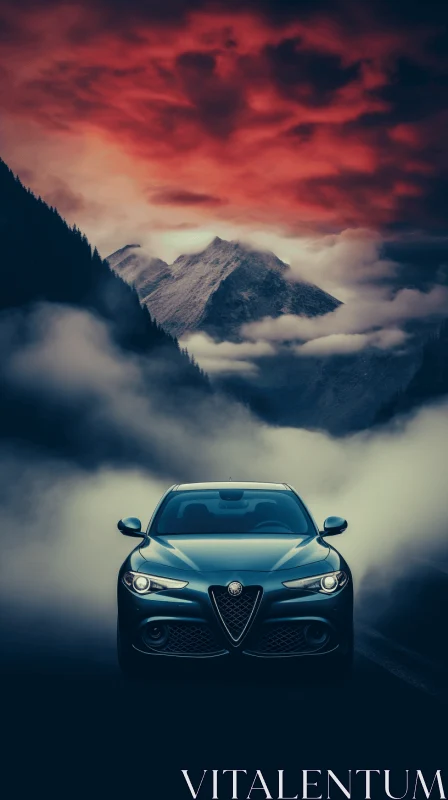 AI ART Elegant Alfa Romeo Sports Car in Misty Mountains - Captivating Artwork