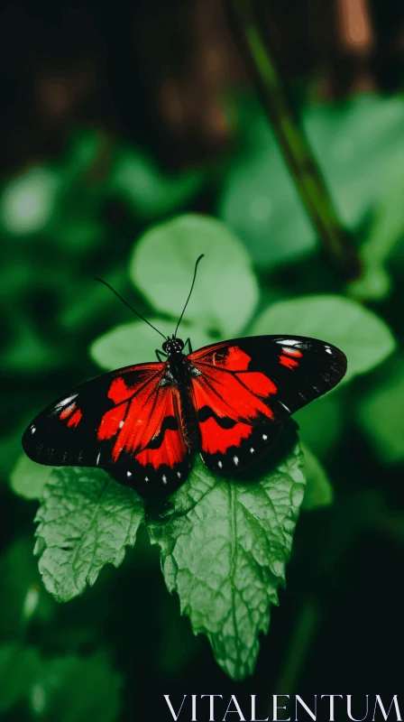 Red Butterfly on Green Leaf in Ominous Style AI Image