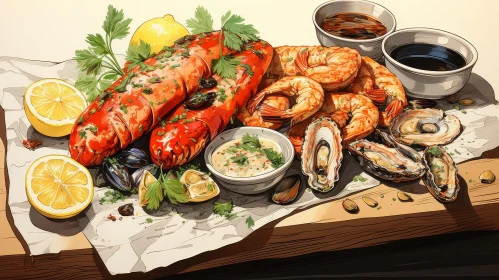 Delicious Seafood Display on Wooden Table