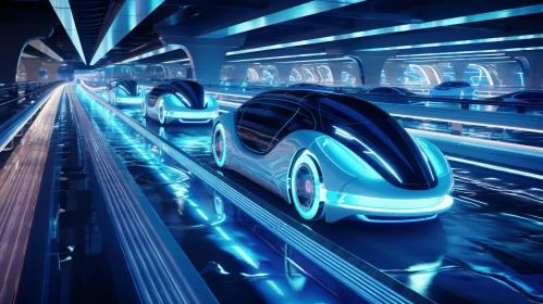 Futuristic Driverless Cars in Glowing Blue Light Tunnel