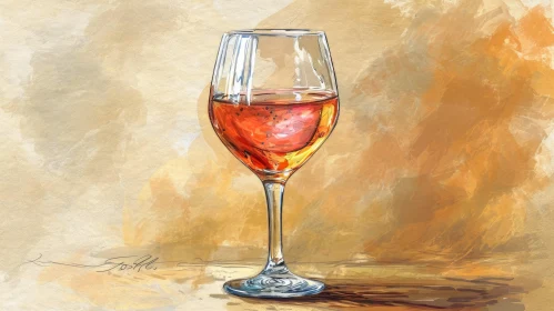 Realistic Watercolor Painting of Wine Glass on Wooden Table
