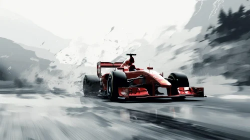 Red Formula 1 Car Racing on Snowy Track