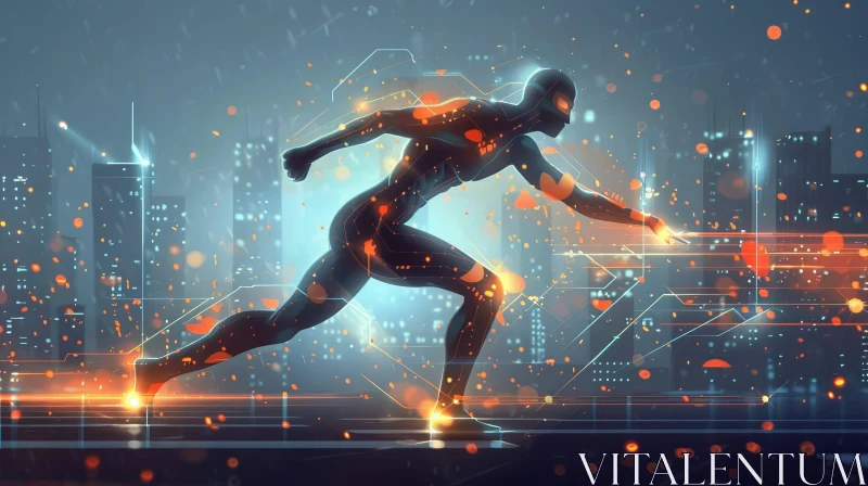 Futuristic Man Running in City at Night Digital Art AI Image