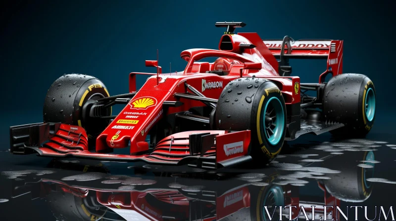 Red Formula 1 Race Car on Wet Track AI Image