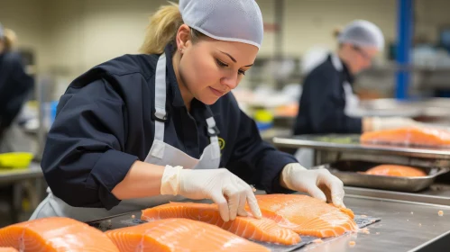 Woman Filleting Salmon in Fish Factory