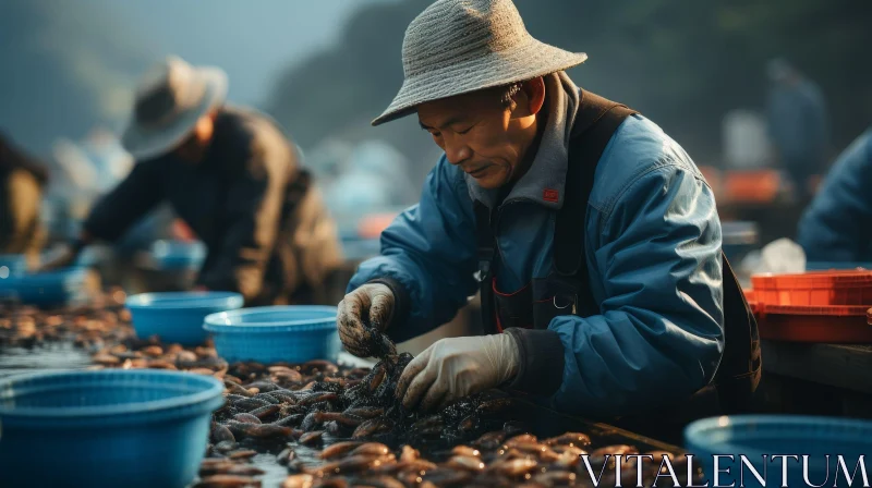 Asian Man Sorting Freshly Caught Shellfish by the Sea AI Image