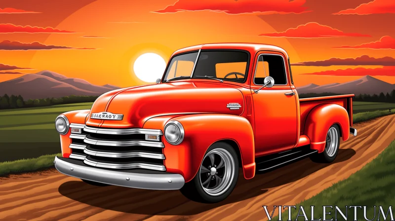 Colorful Caricature of a Black and Red Truck on a Dirt Road AI Image
