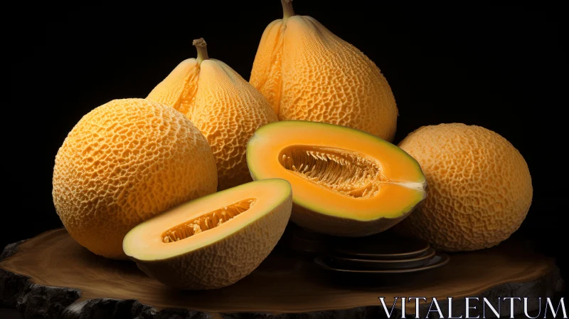 AI ART Delicious Cantaloupe and Melon Slices on Oak Base | Artistic Still-life Composition