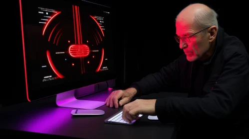 Elderly Man Working on Computer in Dark Room