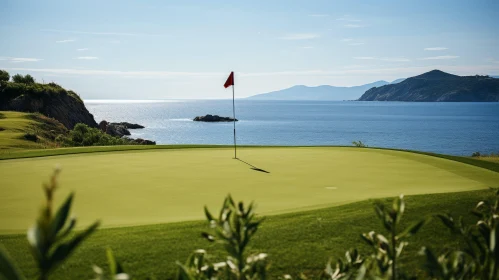 Scenic Golf Course with Red Flag and Ocean View