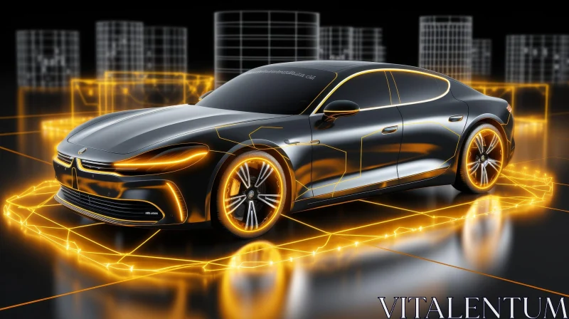 Sleek Futuristic Black Car in Dark Cityscape AI Image