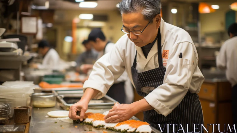 Sushi Chef Slicing Salmon: Culinary Artistry Revealed! AI Image