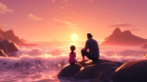 Tranquil Sunset Over Ocean with Father and Daughter