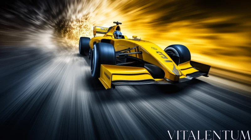 Yellow Formula 1 Race Car Speeding on Racetrack AI Image