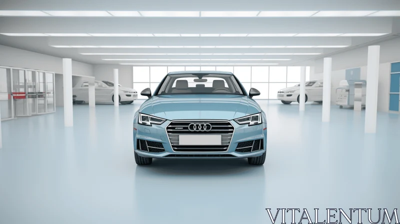 Blue Audi Vehicle in Showroom Interior | Light Indigo and Light Aquamarine AI Image