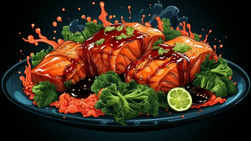 Delicious Salmon and Broccoli Plate Illustration