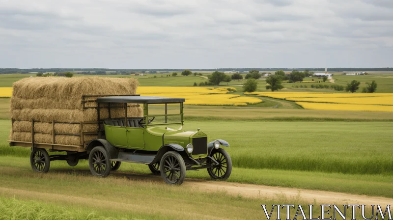 Old Green Truck with Hay: A Serene and Nostalgic Artwork AI Image