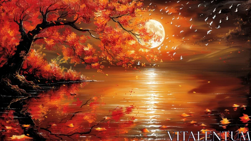 Tranquil Autumn Landscape with Moonlight Reflection AI Image