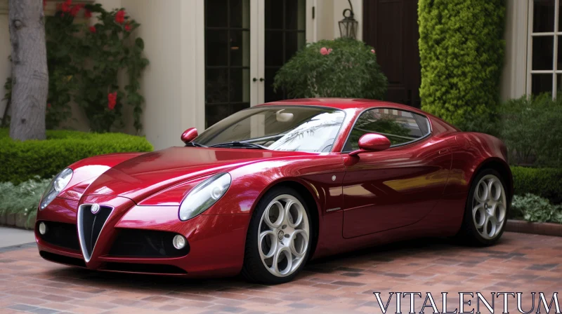 Red Alfa Romeo Sports Car in Front of House - A Hyperrealist Masterpiece AI Image