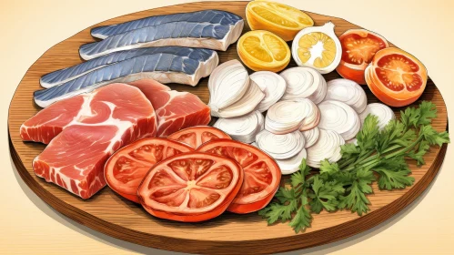 Exquisite Culinary Art - Digital Painting on Wooden Cutting Board