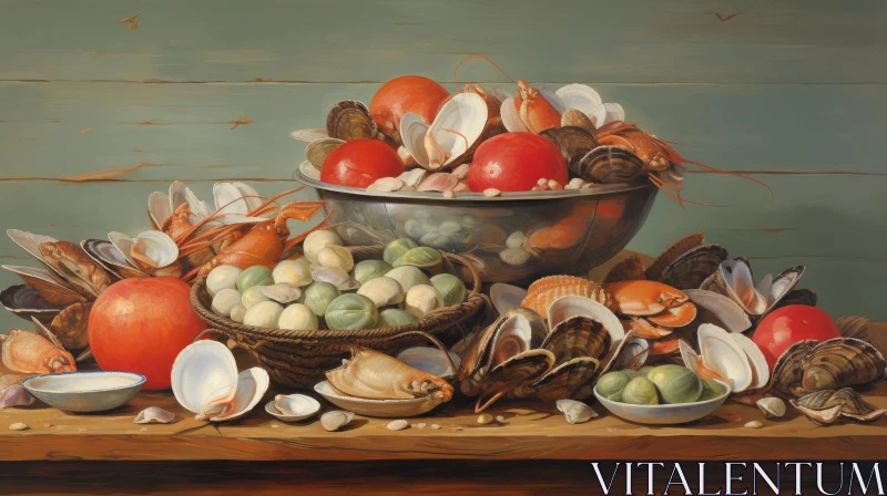 Exquisite Still Life of Wooden Table with Lobster and Tomatoes AI Image
