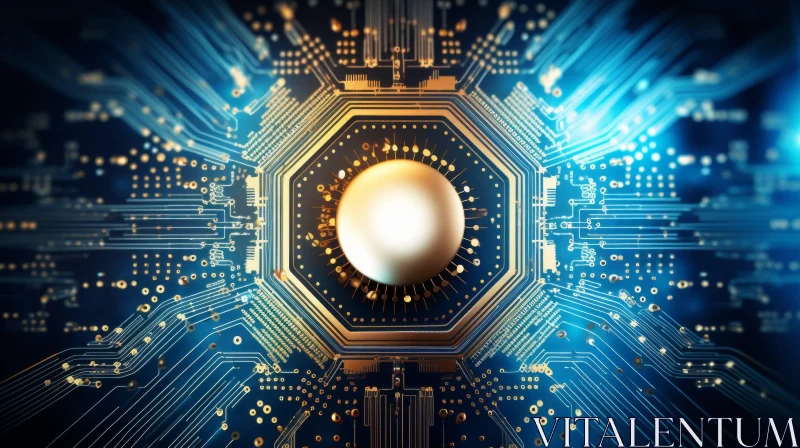 AI ART Futuristic Computer Chip Illustration in Blue and Gold