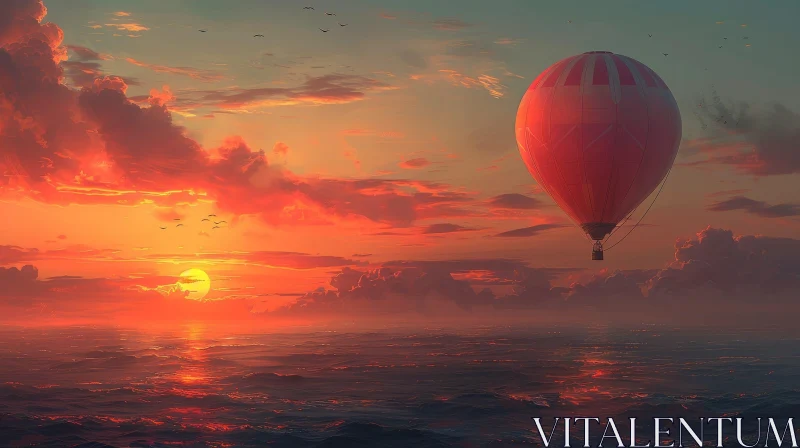 AI ART Tranquil Ocean Sunset with Hot Air Balloon