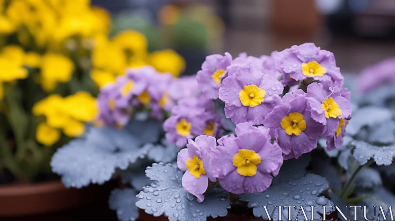 Captivating Display of Purple and Yellow Flowers with Water Droplets AI Image