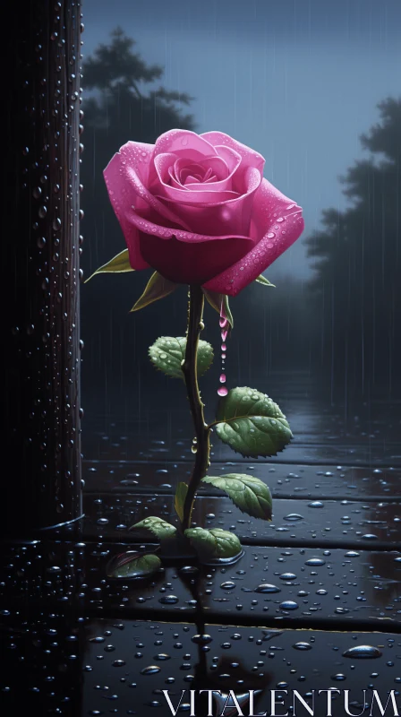 Pink Rose in the Rain: A Fusion of Realism and Cartoonish Charm AI Image