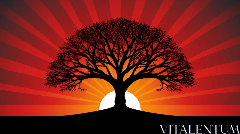 Minimalist Tree Illustration on Red and Orange Background AI Image