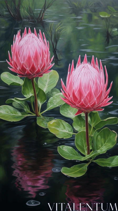 Pink Protea Flowers Oil Painting - Meticulous Realism AI Image