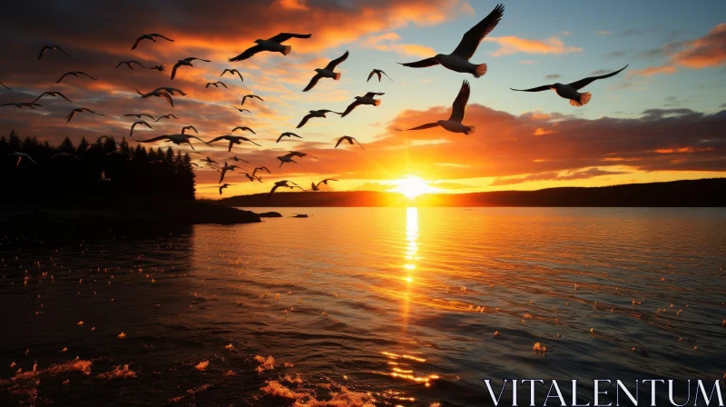 Serene Sunset Over Lake with Birds | Nature Photography AI Image