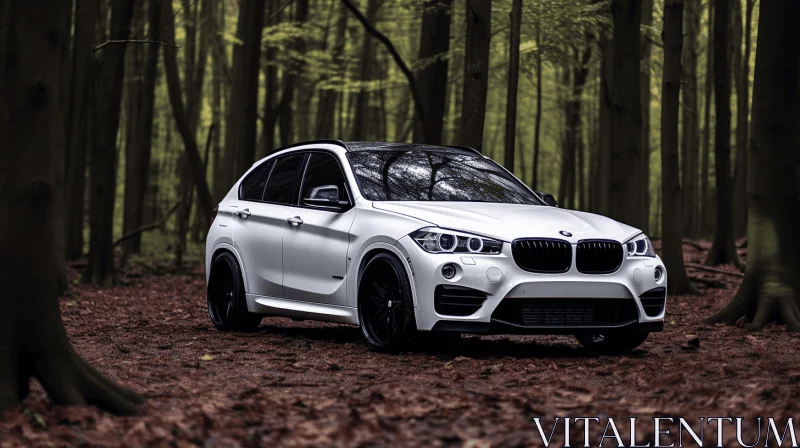White BMW X1 Parked in the Woods - Dark Romanticism Art AI Image