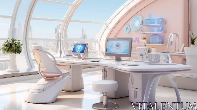 Futuristic Medical Office with City Skyline View AI Image