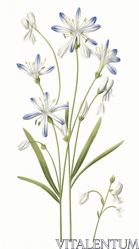 Blue and White Botanical Illustration: A Detailed Floral Artwork AI Image