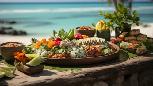 Colorful Beach Meal: Rice, Chicken, Vegetables, Fruit