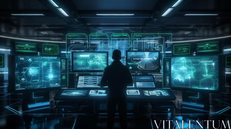 Dark Futuristic Control Room with Man and Screens AI Image