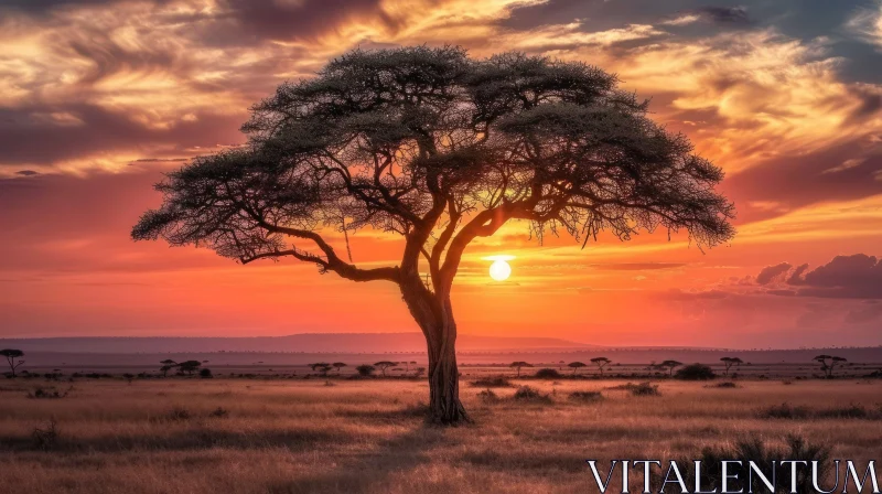 Serene African Sunset with Majestic Tree AI Image