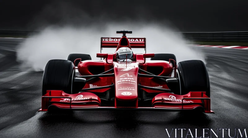 Fast Red Formula 1 Race Car on Wet Track AI Image