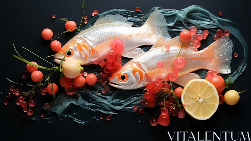 AI ART Serene Still Life of Two Goldfish with Berries and Lemon
