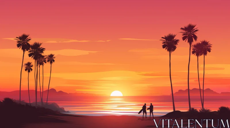 AI ART Serene Sunset Over Ocean with Palm Trees and Surfers