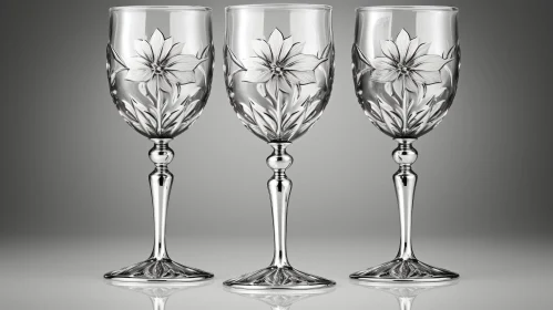 Silver Wine Glasses with Floral Pattern on Gray Background