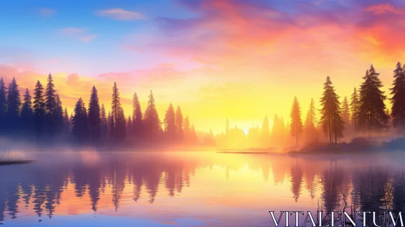 AI ART Tranquil Sunset Landscape with Lake and Forest