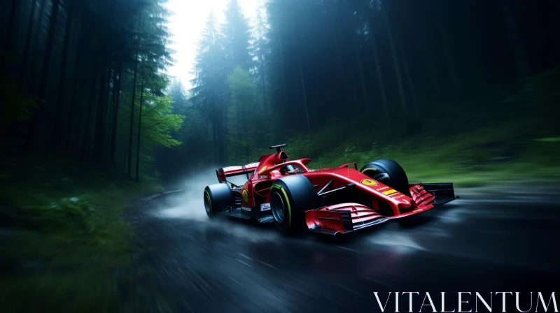 Red Formula 1 Race Car Speeding through Dark Forest AI Image